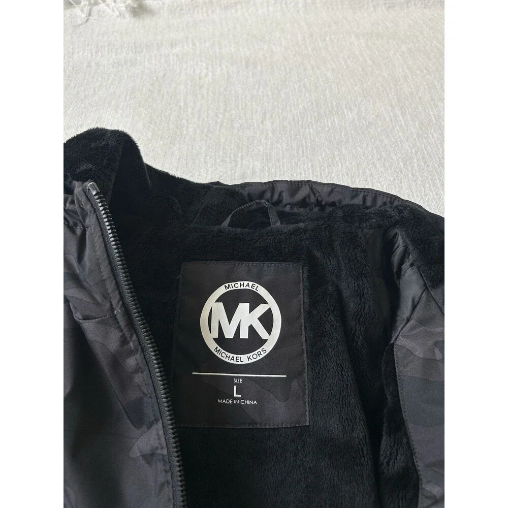 Michael Kors Black Gray Camouflage Hooded Jacket Size L Zippers Pockets